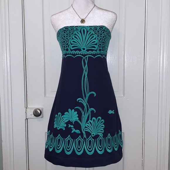 Lilly Pulitzer Dresses & Skirts - LILLY PULITZER STRAPLESS COTTON DRESS WITH EMBROIDERED OCEAN SCENE